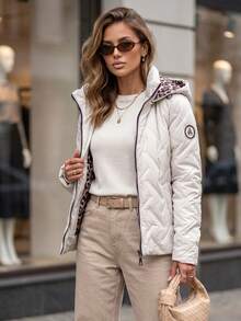 Women's Quilted Hooded Jacket With Detachable Hood, Zip Front And Side Pockets - Light Grey - View 5