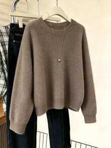 Women's Soft Sweater, Solid Color Round Neck Pullover, Machine Washable Warm Casual Knitwear, Cozy For Fall Winter Layering, No Transparency - Earth Gray - View 8