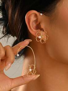 1 Pair Fashionable Design Floral Ear Hooks Elegant Romantic Women Faux Pearl Jewelry Earrings Suitable For Daily Wear And Date Outfits And Non-Pierced Ears - Multicolor - View 2
