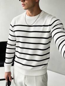 Men's Spring Autumn Fashion Minimalist Black Striped Crew Neck Long Sleeve Sweater - White - View 3