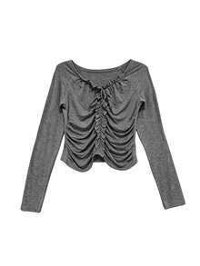 韓系小眾精緻 3D 荷葉邊飾長袖 T-shirt 女款內搭上衣 - 深灰色 - 查看 9