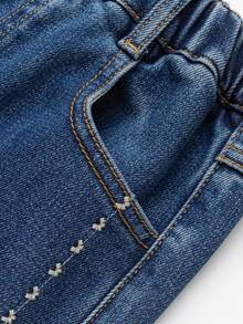 Balabala 女童刺繡直筒牛仔褲 柔軟丹寧長褲 休閒下著 適合前青春期女孩 秋冬穿著 - 牛仔中藍 - 查看 7