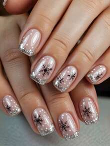 24 Pieces Of Nude Base Silver Glitter French-Style Edge Dot Christmas Winter Fake Nails; Mid-Length European-Style Wearing Nails - Silver - View 1