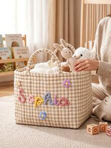 1Pc Personalized Name Check Quilted Storage Basket With Carry Handles, Large Capacity Fabric Storage Bin, Multi-Use Organizer For Toys, Garments And Daily Items, Portable Home Storage Tote, Wonderful Gift For Baby Shower, Newborn And Housewarming - Multicolor - View 6