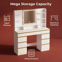 HaluPeit Dressing Table With LED Light, Vanity Desk With 1 Large Drawer And 8 Small Drawer Cabinets, Adjustable Brightness, Large HD Mirror, 9 Open Storage Areas - Platinum - View 5