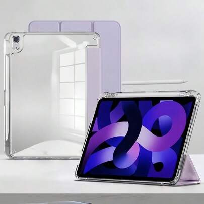 Ốp lưng acrylic trong suốt màu tím nhạt có khe cắm bút, ốp bảo vệ trong suốt cho Air/Pro/Mini, ốp cứng chống trầy xước mặt sau