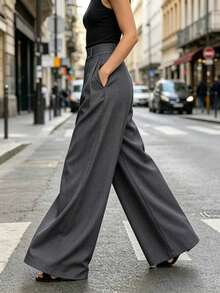 Women's Fashion Commute Casual High Waist Pleated Wide Leg Pants Solid Color With Pockets - Dark Grey - View 4
