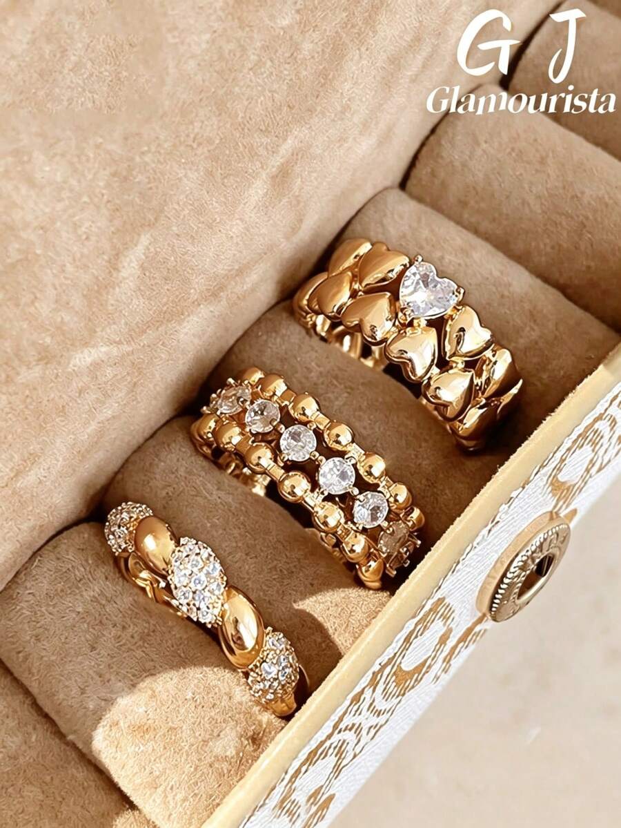 3pcs Gold Rings French Vintage Exquisite Minimalist Bold Design Rhinestone Open Ring Suitable For Women Daily Holiday Commute Wear - 3-piece Ring Set - View 1