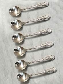 3/6/12pcs Stainless Steel Spoon Set, Creative Hammered Texture Dessert Spoon, Honey Spoon, Round Head Spoon For Home Use - Silver - View 9