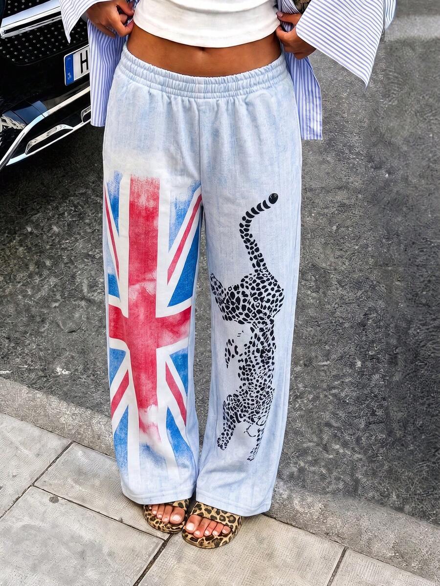 1pc Women's Vintage Flag & Cat Print Drawstring Wide Leg Pants, Y2K Street Style Loose Long Pants, Suitable For Daily Commute - Blue - View 1