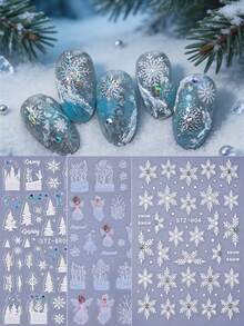 3 Sheets 5D Embossed Winter Snowflake Nail Stickers - 3D Blue Snowy Forest, Christmas Tree & Rhinestone Decals For DIY Holiday Manicure, Elegant Seasonal Nail Art Decor & Gift For Women Girls - White - View 2