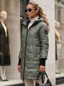 Women's Long Quilted Hooded Jacket With Zip Front And Two Side Pockets - Green - View 4
