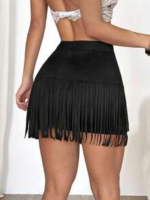 Apperloth A Y2K Black Mini Skirts Suede High Waist Fringe Hem Bodycon Skirt With Back Invisible Zipper For Women Daily Going Out Halloween Costume Rave Partywear - Black - View 2