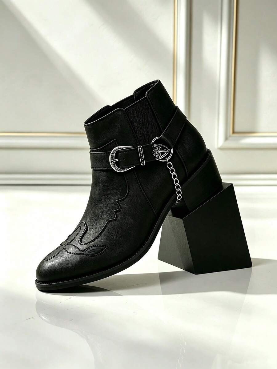 QRLQRL 1 Pair Men's Round Toe Mid-Calf Buckle Chain Embroidered PU Upper Rubber Sole Comfortable Casual Short Boots For Daily Wear - Black - View 1