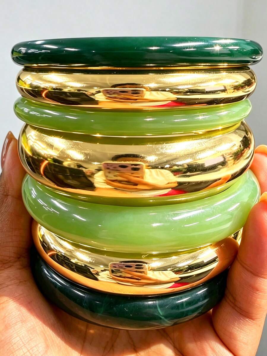 7/4/3pcs Vintage Elegant Bohemian Style Green Resin Marbled Plain Smooth Bracelet Set, Suitable For Women's Daily Casual, Party, Beach, Vacation Wear - Multicolor - View 1