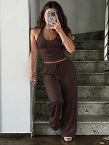 GLAMSKIN Women's Summer/Autumn Basic Solid Color Halter V-Neck 2 Pieces Set Top, Back To School And Brown Elegant - Brown - View 9