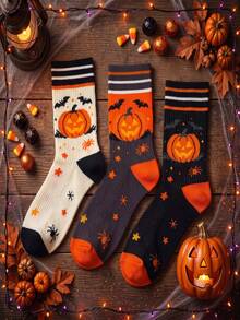 3 Pairs Halloween Pumpkin Bat Crew Socks, Soft Cotton Holiday Printed Casual Socks - Multicolor - View 4