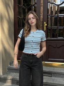 Women Striped Ribbed Knit Crop Cardigan, Round Neck Short Sleeve Button‑Front Top, Contrast Ruffle Hem Slim Fit Cropped Sweater - Multicolor - View 7