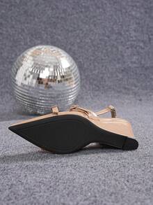 Women's Closed Toe Wedge Sandals 2026 New Style Nude Glossy PU High Heel Pointed Toe Elegant One Strap Slingback Pumps - Apricot - View 8
