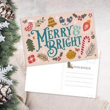 Invites Merry & Bright Christmas Postcards Holiday Greetings - Cute Illustrated Post Cards For Winter - 50 Count - View 2