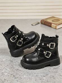 1 Pair Girls' Cool Black Luxury Fashion Short Ankle Riding Boots, Glossy PU Leather Upper, Double Buckle Design With Rhinestone Decor And Metal Square Buckle, Side Zipper, Round Toe, Suitable For Children, School, Commute, Outdoor, Autumn/Winter New Style - Black - View 3