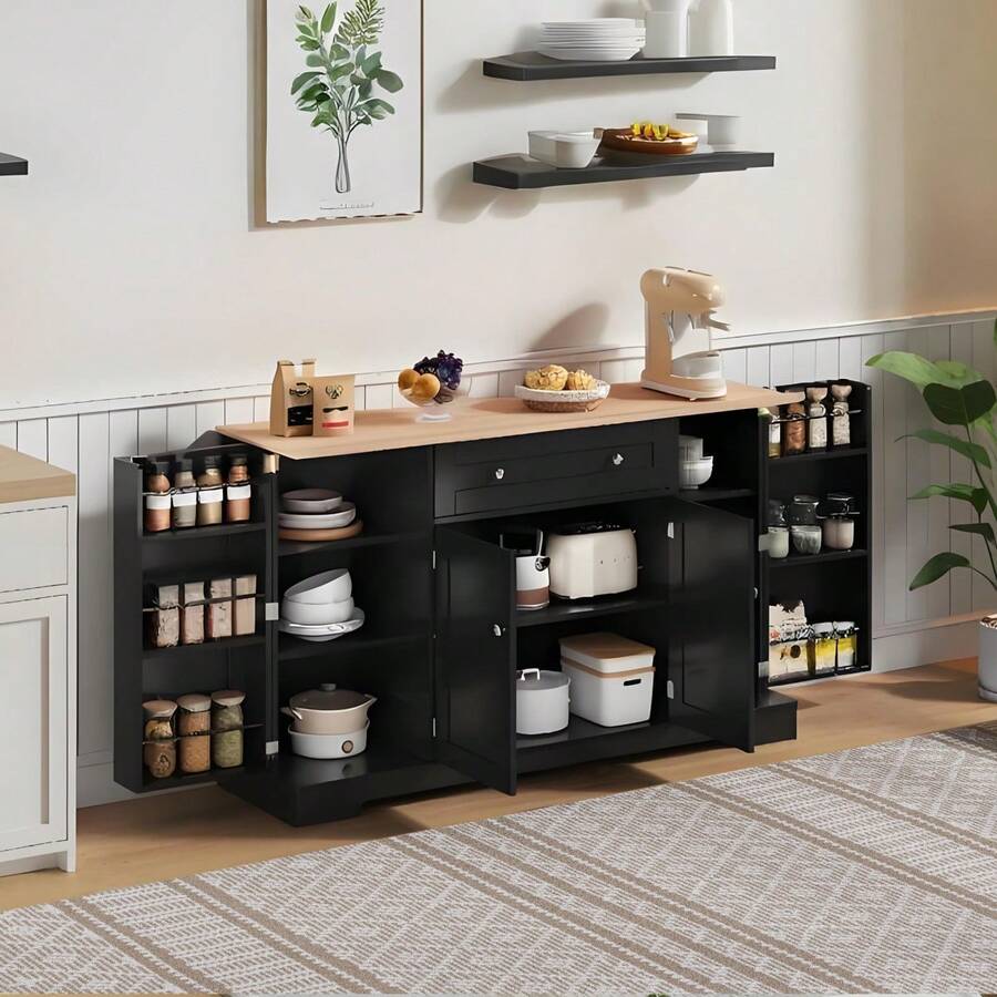 Multifunctional Kitchen Sideboard - 138 Cabinet With Drawer, Shelf & Adjustable Shelves - Modern Design With Tip-Over, Kitchen, Living Room & Bedroom - Black + MDF - View 1