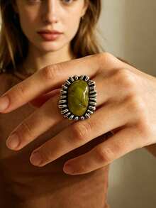 ZAA Green Oval Statement Ring, Vintage Sculptural Jewelry, Bold Cocktail Ring For Women - Resin Stone Ring - View 7