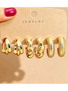 6/18PCS Fashionable Elegant Floral Geometric Texture Halo Twisted Earrings Set, Suitable For Party, Banquet, Travel, Wedding, Vacation, Daily Wear Jewelry Gift (Lightweight ABS Material, Non-Fading) - Gold - View 3