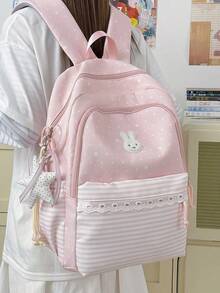 Sweet Polka Dot Stripe Lace Backpack, Cute Girl Large Capacity Student School Bag, Multi-Compartment Backpack For Elementary, Middle And High School Students, Children Daily Commute, Travel, Shopping, Campus Casual Backpack, Girls Rabbit Embroidery Star Pendant, Academy Style Multiple Colors Available - A - View 4