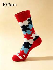 Vintage Colorblock Puzzle Jacquard Mid-Calf Socks, Street Style Versatile Casual Everyday Socks - Multicolor - View 4