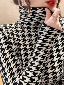 Autumn/Winter Elegant Layering Base Top, Chic High Neck Houndstooth Knit Sweater, Academic Back To School Casual - Black and White - View 1