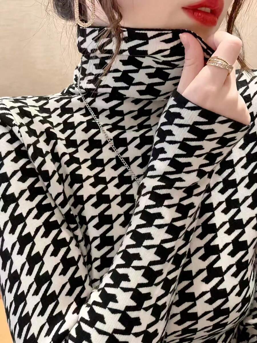 Autumn/Winter Elegant Layering Base Top, Chic High Neck Houndstooth Knit Sweater, Academic Back To School Casual - Black and White - View 1