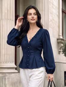 Fall Women Lace Trim V‑Neck Peplum Blouse, Puff Long Sleeve Button Front Tie‑Back Fitted Top - Navy Blue - View 7
