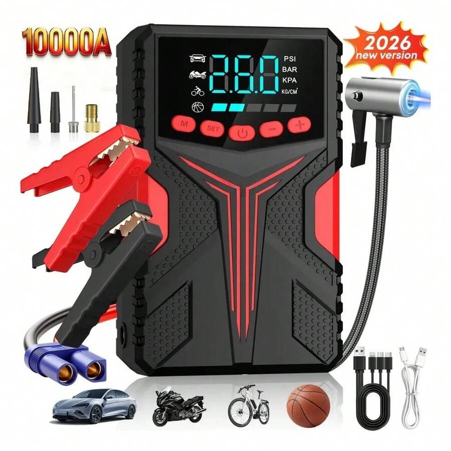 Arrancador de Batería para Auto 10000A Portátil, Compresor de Aire 150 PSI con Power Bank 40000mAh, Inflador Inteligente con Pantalla LED para Coche, Moto y Vehículos - Negro - Ver 1