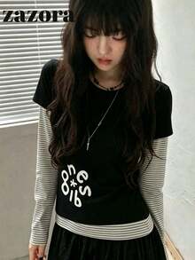 Kaos Lengan Panjang Patchwork Bergaris Gaya Korea 2 in 1 untuk Wanita, Potongan Longgar, Ramping, Serbaguna, Cocok untuk Musim Gugur - Hitam - View 3