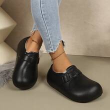 Minimalist Square Buckle Cotton Slippers With Soft Waterproof Lining, Fleece Interior, Non-Slip, Indoor/Outdoor Women's Winter Shoes - Black - View 4