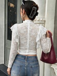 Women's Lace Patchwork Blouse, Elegant Casual French Style Ruffle Trim Cut White Top - White - View 6