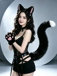 Set 3 Buah Bando Telinga Kucing Bulu dan Bando Telinga Kucing Ekor Rubah, Aksesoris Harian untuk Halloween, Natal, dan Festival Lainnya - MultiWarna - View 4