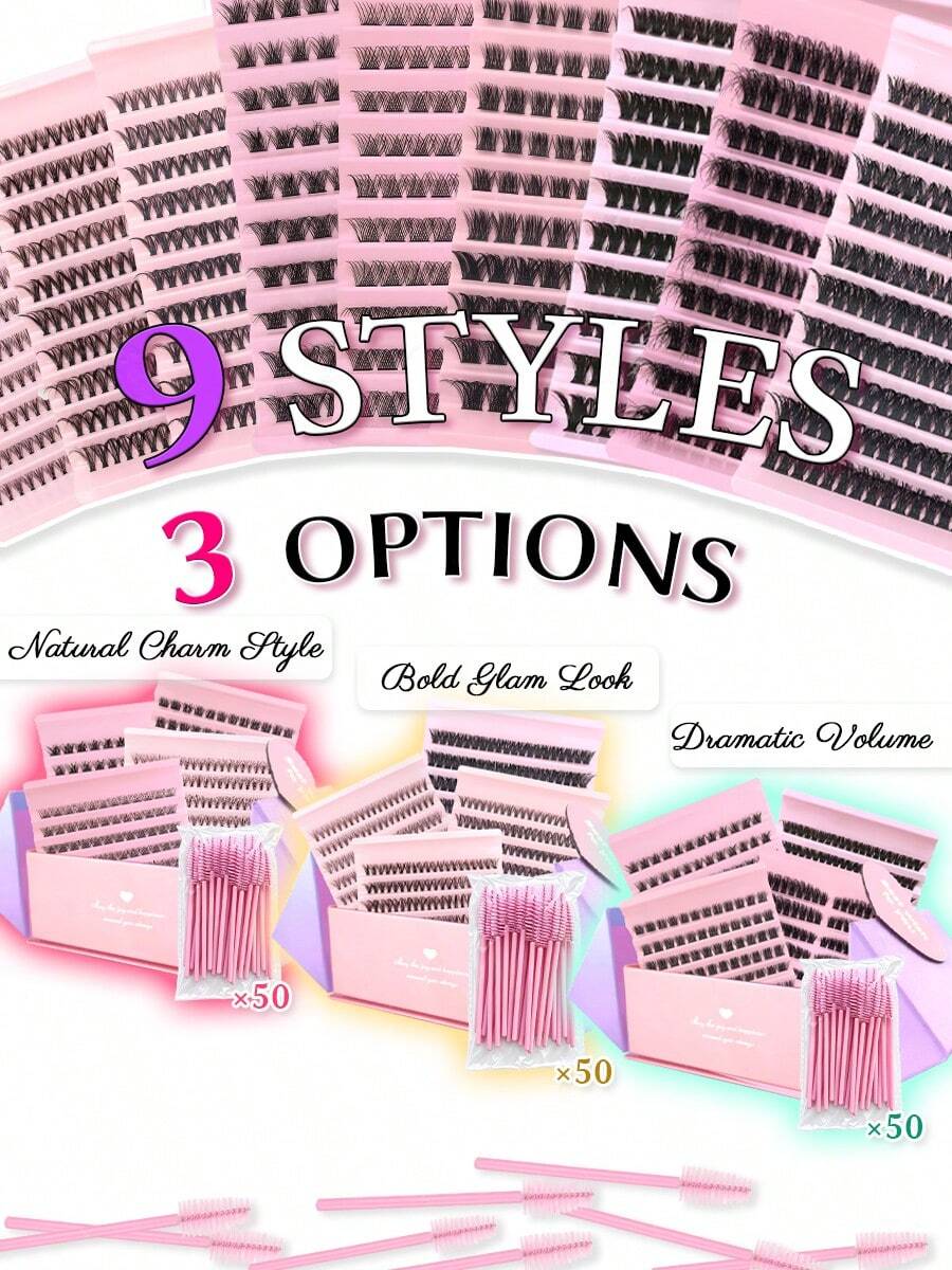 9 Styles DIY Lash Cluster Kit, 3 Set Options With C & D Curl Individual Lashes, Natural Wispy False Eyelash Extensions, Soft Fluffy Lightweight Lash Segments For Easy Application, Everyday Makeup, Beauty Looks And Gift - View 1