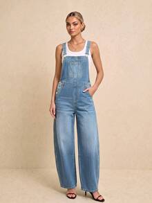 Women's Washed Denim Overalls Casual Long Jumpsuit, Multi-Button Detail Adjustable Non-Stretch Fabric - Medium Wash - View 1