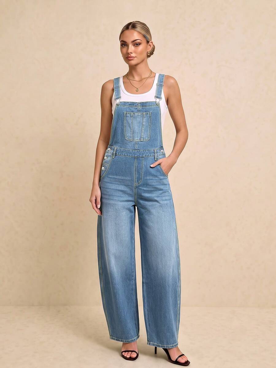 Women's Washed Denim Overalls Casual Long Jumpsuit, Multi-Button Detail Adjustable Non-Stretch Fabric - Medium Wash - View 1