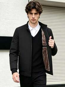 1pc Winter Men's Long Sleeve Thermal Lined Jacket, Thickened Warm Stand Collar Casual Outwear , Fall - Black - View 1