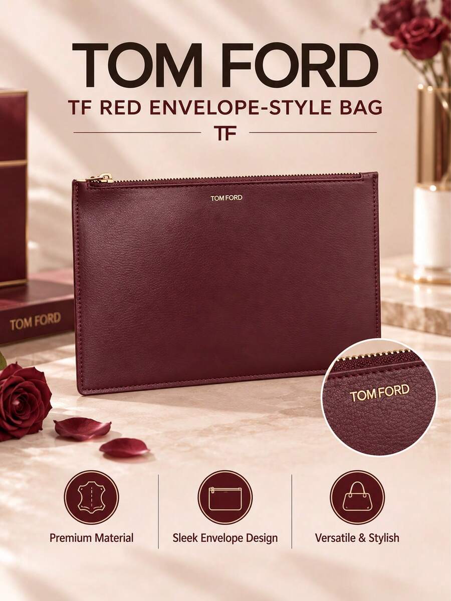 Tom Ford TF Burgundy Envelope Bag, 25*17cm, Single Piece, Lightweight And Smooth, Zipper Closure, Suitable For Travel And Daily Makeup Storage