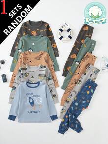 5 Sets Send 1 Set Random Boys Cartoon Underwear Set Medium Thick Long Sleeve Long Pants Loungewear Set Pajamas Cartoon Print Autumn Clothes - Multicolor - View 1