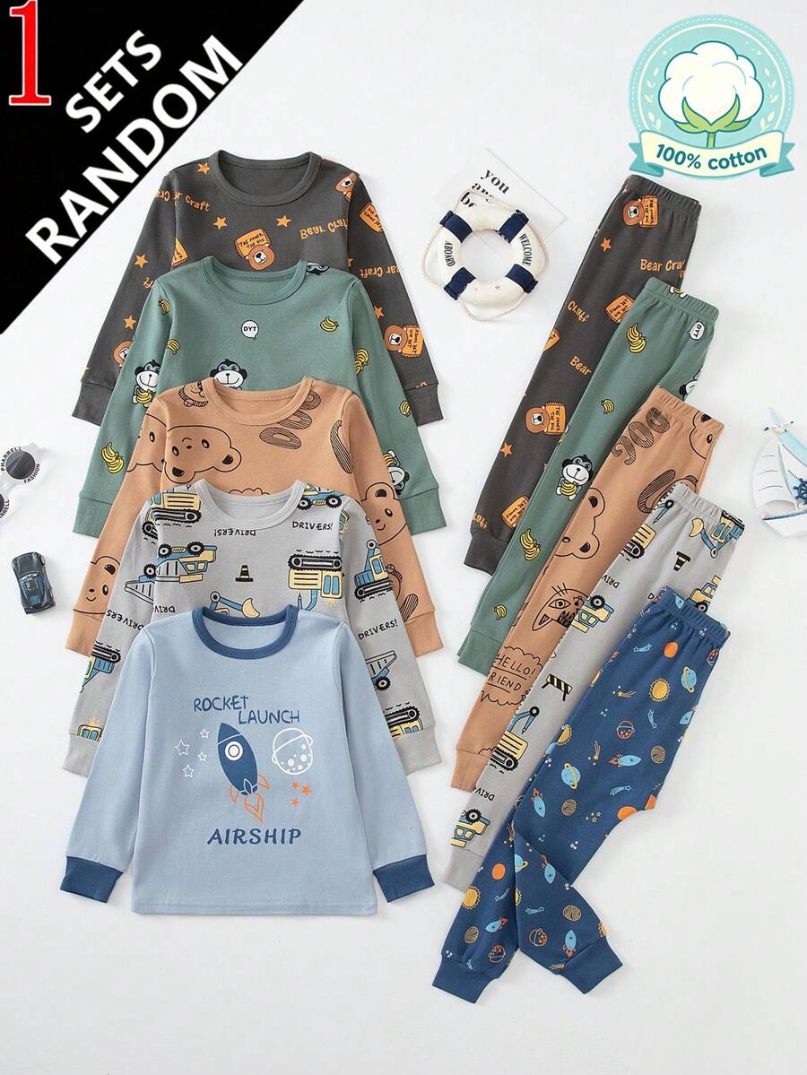 5 Sets Send 1 Set Random Boys Cartoon Underwear Set Medium Thick Long Sleeve Long Pants Loungewear Set Pajamas Cartoon Print Autumn Clothes - Multicolor - View 1