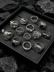 10pcs Unisex Vintage Punk Gothic Skull Bat Geometric Ring Set, Personalized Hip Hop Style Party Gift Daily Jewelry Accessories Random Styles - 10-piece Assorted Vintage Punk Ring Set - View 5
