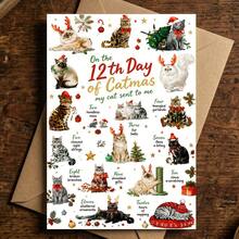 1PC Funny Cat Christmas Card "12 Days Of Christmas Cats" Illustration Design, Perfect For Cat Lovers, Friends And Family, Suitable For Christmas Party And Holiday Season Gift Giving - Multicolor - View 3