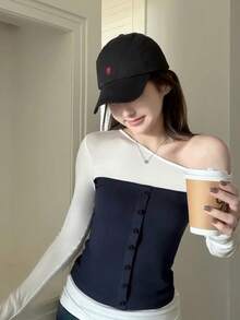 Colorblock Patchwork Asymmetrical Shoulder Long Sleeve T-Shirt, Slim Fit Casual Women's Top, Autumn - Navy Blue - View 1