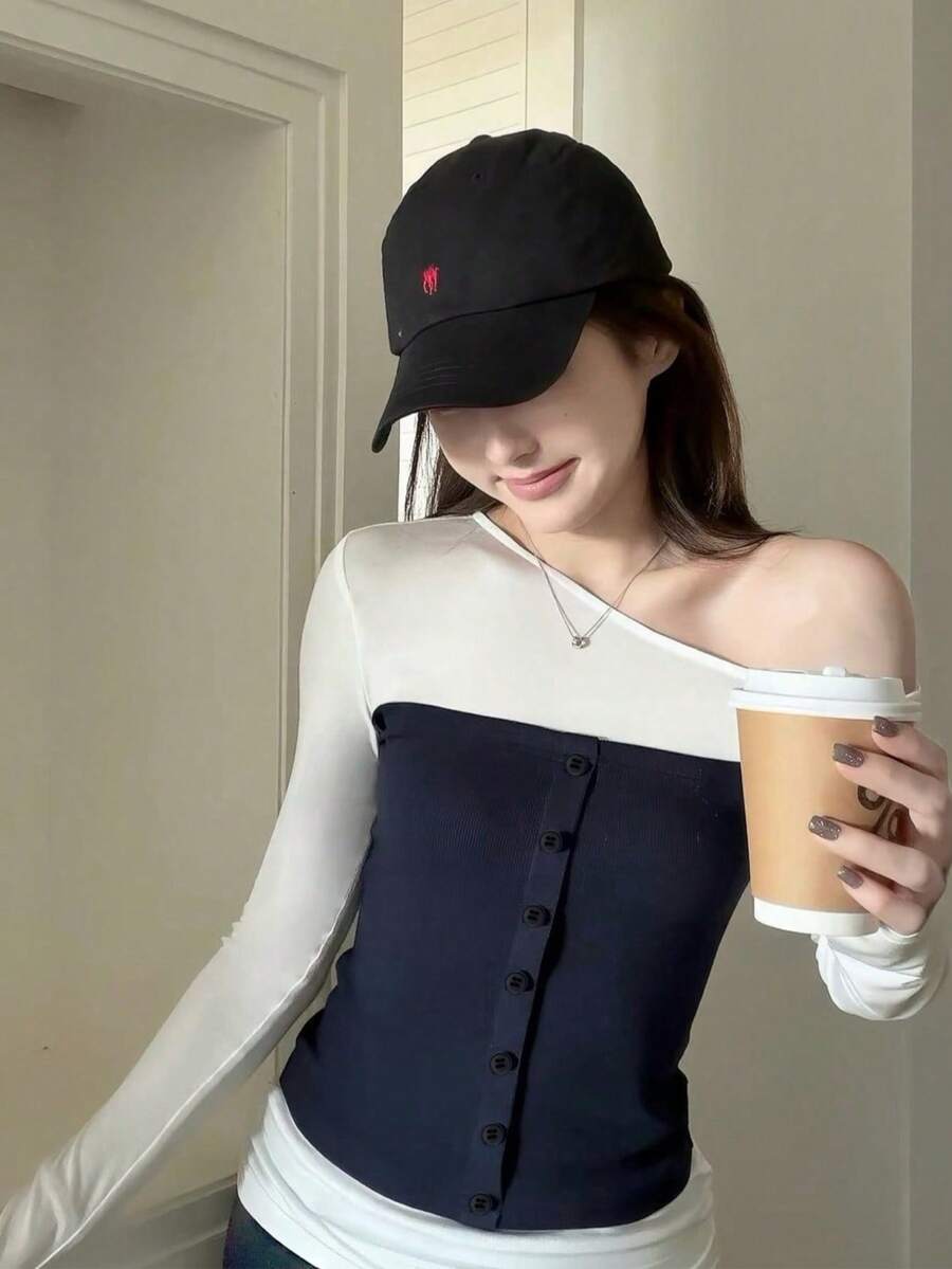 Colorblock Patchwork Asymmetrical Shoulder Long Sleeve T-Shirt, Slim Fit Casual Women's Top, Autumn - Navy Blue - View 1