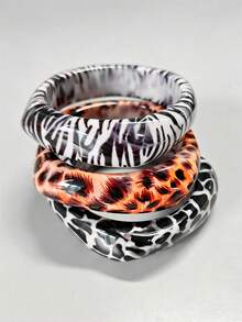 3pcs Set Fashionable Zebra Print Leopard Print Cow Print Resin Bracelet Set, Autumn/Winter Charming Women's Cuff Bangle, Asymmetrical Square Thick Bracelet - Multicolor - View 1